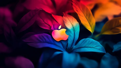 Neon petals cradle a glowing tech fruit in chromatic hush.