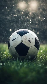 Photorealistic soccer ball in rain with shallow depth of field.