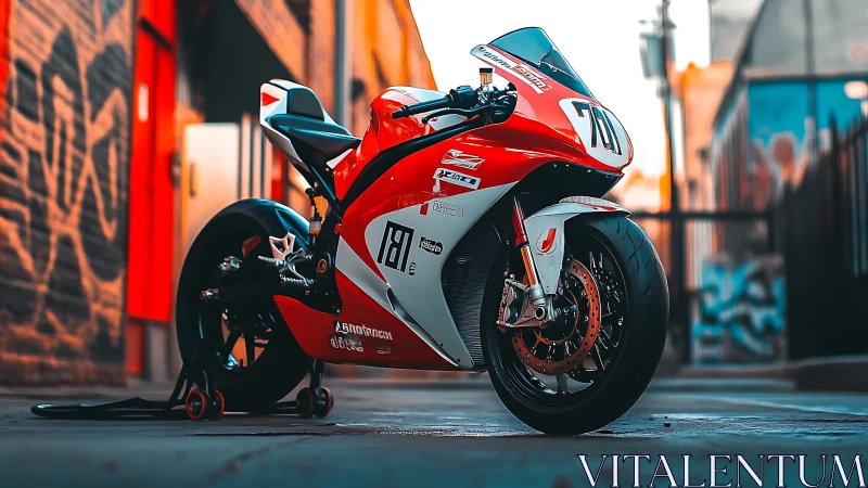 Red racing superbike stands ready in a colorful city alley.