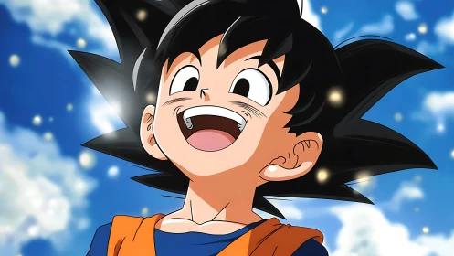 Joyful spiky-haired boy under luminous blue sky. Period.