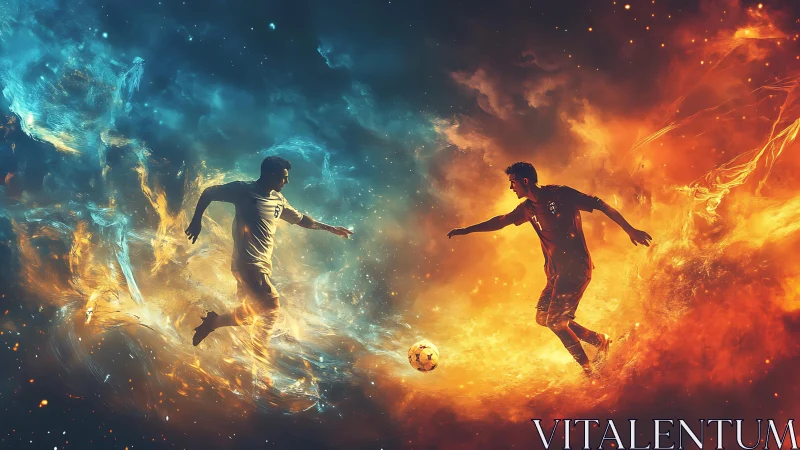 Cosmic football duel where fire dribbles against liquid ice.