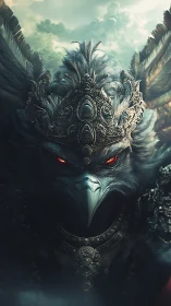 Anthropomorphic avian figure wears ornate crown and armor
