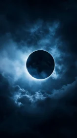 Dark lunar eclipse centered in blue backlit storm clouds
