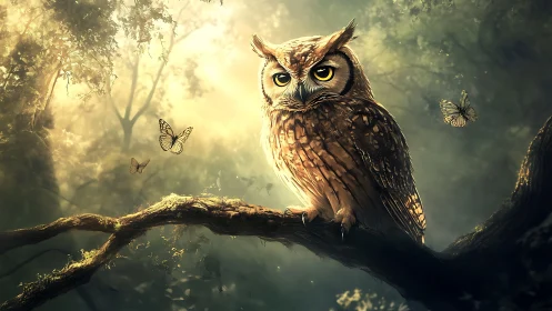 Majestic Owl on Forest Branch in Dreamy Fantasy Art Style.