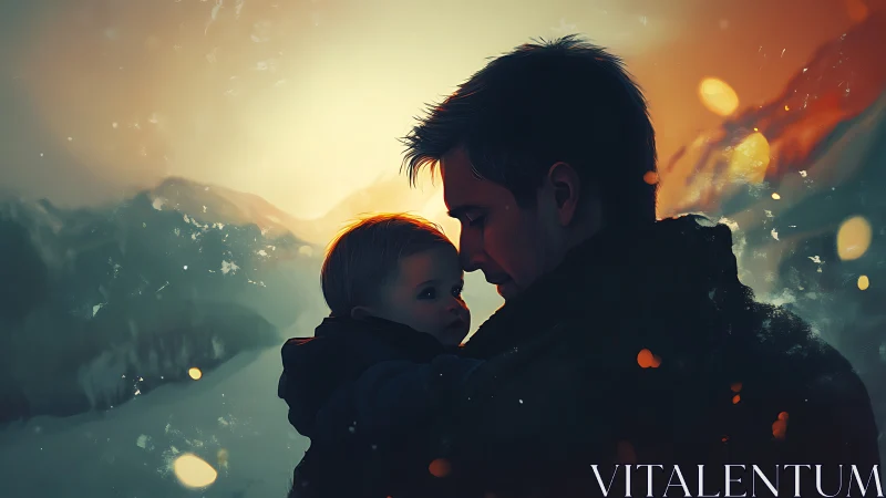 Silhouetted Father and Child Embrace Against Alpine Valley Landscape with Golden Lens Flare Bokeh