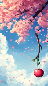 Cherry hangs beneath dense pink blossom against clear sky