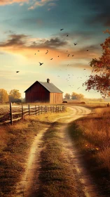 Golden country lane winding toward a quiet rustic barn.
