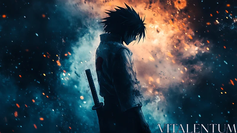 Lone anime swordsman stands amid blazing blue inferno sky.