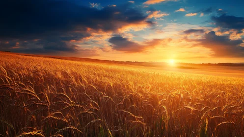 Golden wheat field under vivid sunset sky panorama.