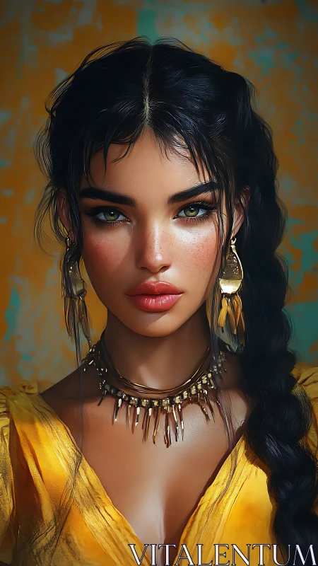 Golden-lit portrait of braided woman with ornate jewelry.