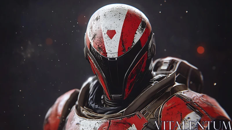 Battle-worn sci fi soldier gazes ahead with quiet resolve