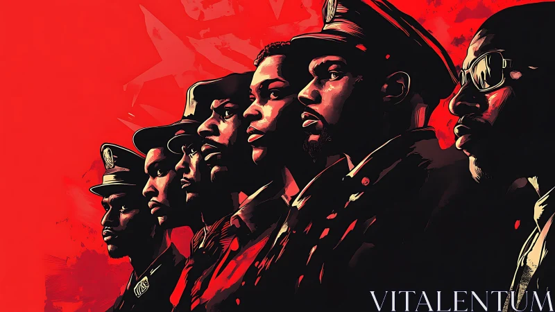 Side-profile lineup of uniformed men on red abstract field.