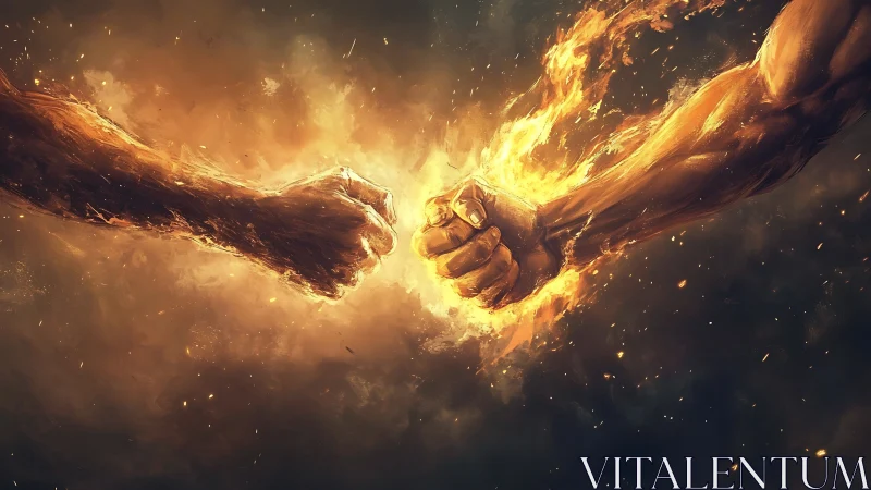Opposing muscular fists collide amid fiery energy field.