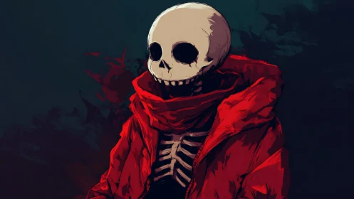 Skeletal figure in red hooded coat against dark painterly void.