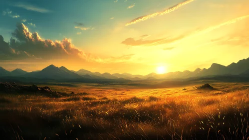 Golden prairie sunset over distant blue mountain range.