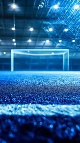 Indoor football goal and blue pitch under bright stadium lights.
