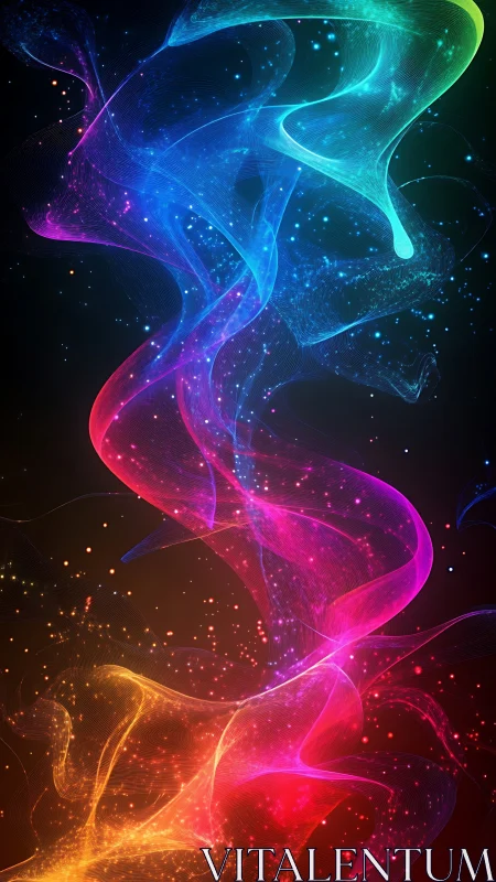 Colored light trails form layered flowing ribbons in darkness