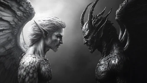 Angel and demon confront each other within stormy grayscale light