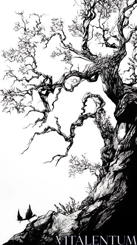 Gnarled cliffside tree in stark black ink silhouette.