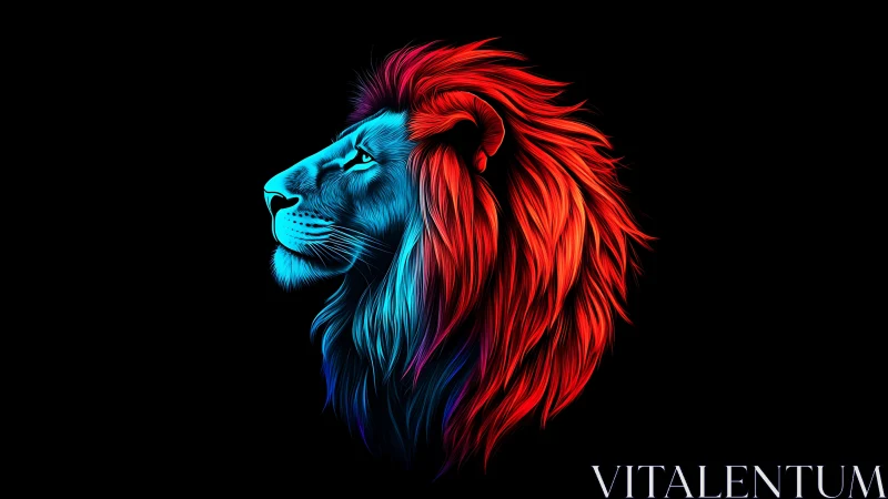 Neon lion profile glows in saturated dual color light.