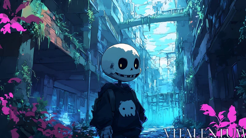 Skeletal hoodie character explores overgrown neon-lit ruined alleyway