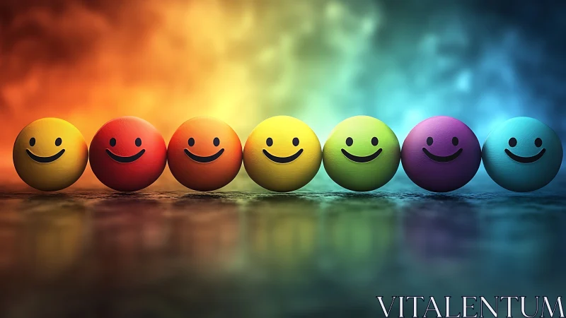 Chromatic smiley spheres aligned on reflective gradient plane.