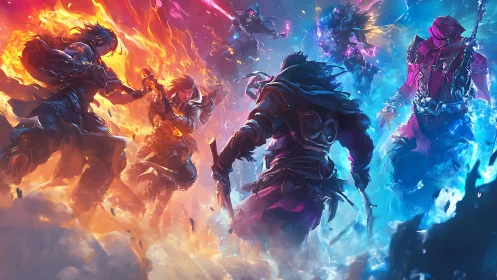 Battle-ready warriors clash between opposing fire and ice