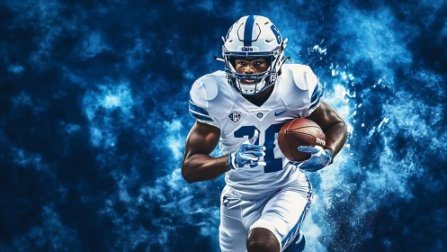 Dynamic running back in high-contrast blue composite sports portrait
