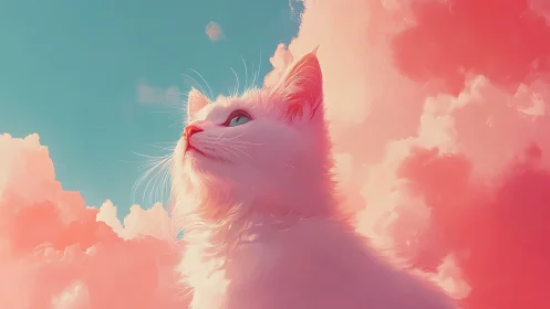 White Cat Gazing Through Pink Cloud Dreamscape Sky