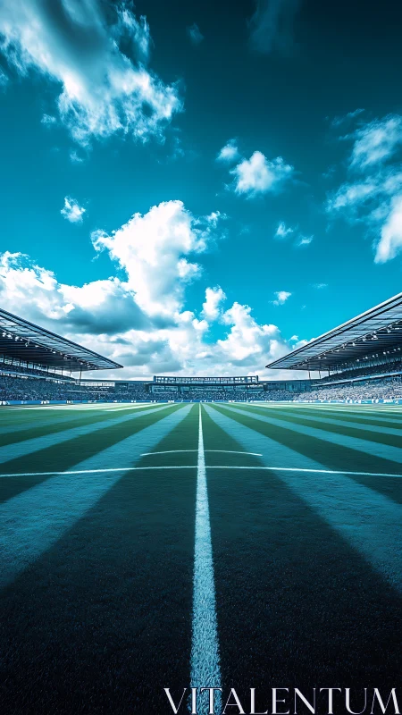 Horizon-struck football pitch under electric teal sky.