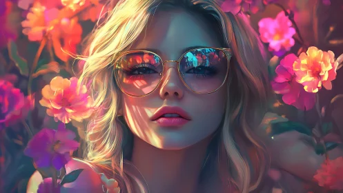 Sunlit girl in glowing flower garden with dreamy reflections.