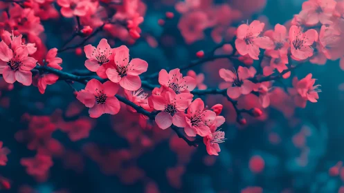 Pink Blossoms Against Teal Backdrop.
