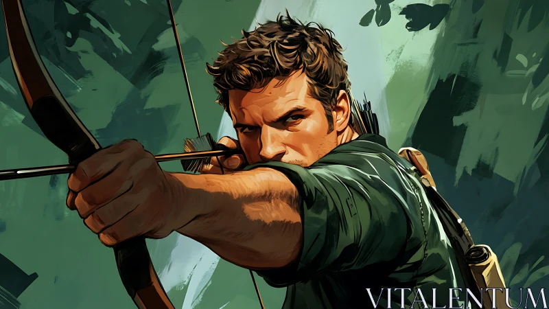 Focused archer draws bowstring in stylized green forest