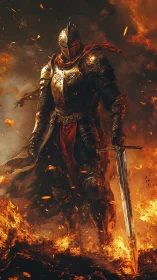 Armored knight stands in blazing battlefield of swirling fire