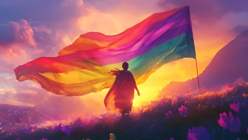 Radiant figure bearing rainbow flag at glowing sunset.