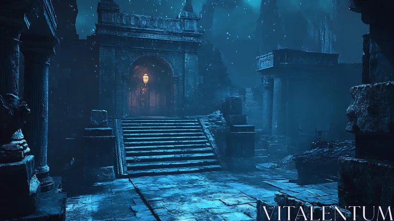 Ancient blue-lit ruin with central stairway and lantern glow.
