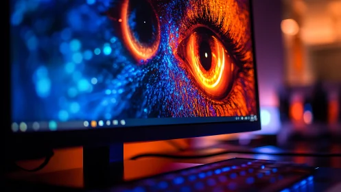 Glowing cybernetic eye blazes across a vivid desktop monitor