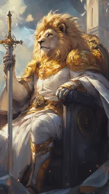 Regal lion king in baroque gold armor seated on a monumental throne