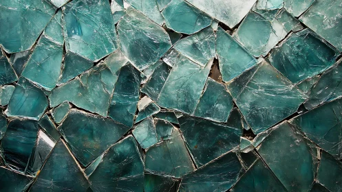 Abstract pattern of shattered turquoise glass fragments close-up.