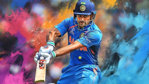 Cricket batter in blue kit swings bat amid bold colors.