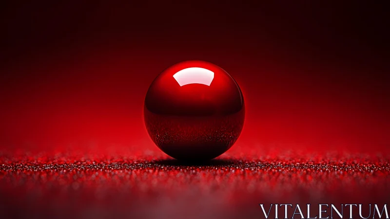 High-gloss red sphere on granular surface with soft bokeh field.