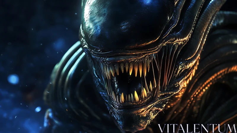 Brooding alien creature glowing in eerie blue light.