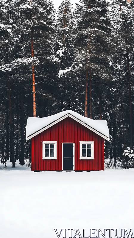 Red cabin stands in snowy forest clearing under pines.