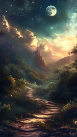 Moonlit mountain path invites a quiet, dreamlike journey