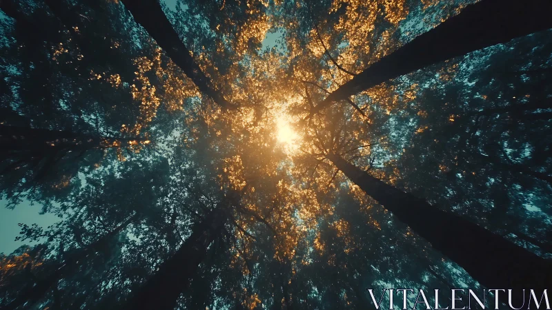 Upward Forest Canopy Through Sunlit Teal Foliage.