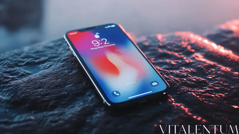 Modern iPhone on Dark Rock with Glowing Reflection