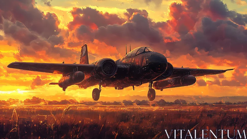 Twin‑engine aircraft descends over field during sunset