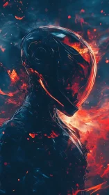 Helm of embers encasing a dark futuristic figure in flame.