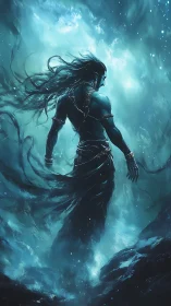 Stormforged sea deity emerging through swirling teal mists.