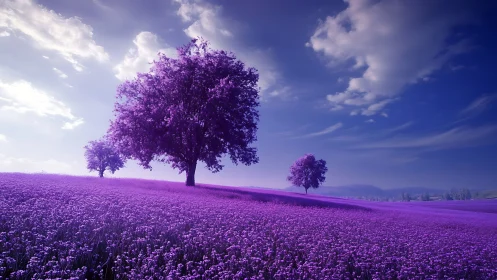 Lavender horizon under dreamy violet trees at dusk.